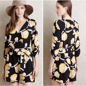 ANTHROPOLOGIE Elevenses Yellow Black Floral Romper women’s Small